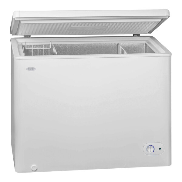 A white Danby chest freezer with the lid open.