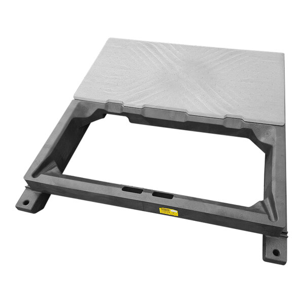 A grey rectangular Satellite Industries floor base assembly with a metal plate and yellow label.