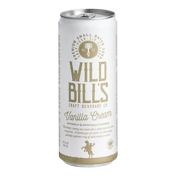 A case of 12 Wild Bill's Vanilla Cream Soda cans with gold text on a white background.