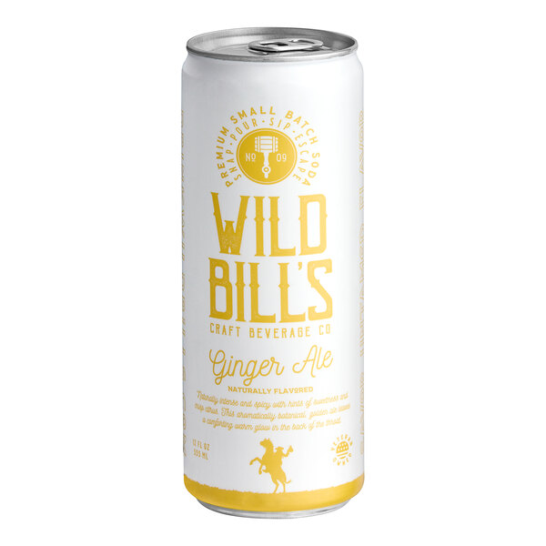 A case of 12 Wild Bill's Ginger Ale cans with white and yellow labels.