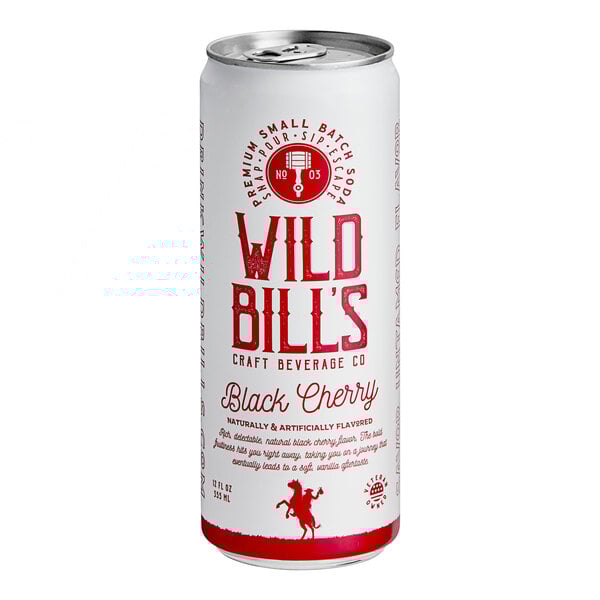 A close up of a Wild Bill's Black Cherry Soda can with red and white text.