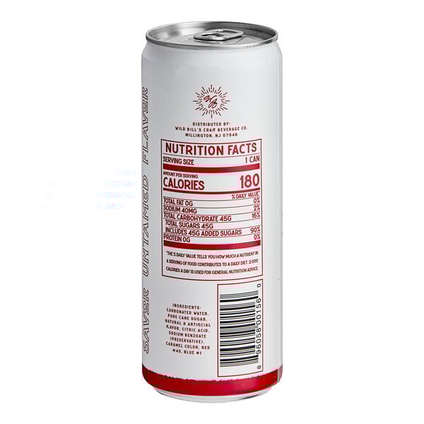 A close-up of a white Wild Bill's Black Cherry Soda can with red text.