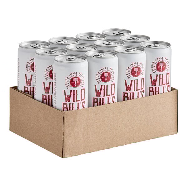 A case of 12 Wild Bill's Black Cherry Soda cans in a cardboard box.