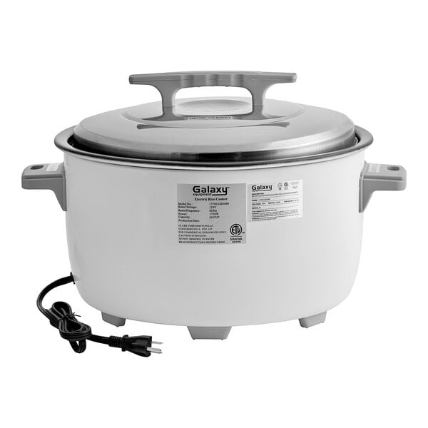 A white Galaxy electric rice cooker with a lid and cord.