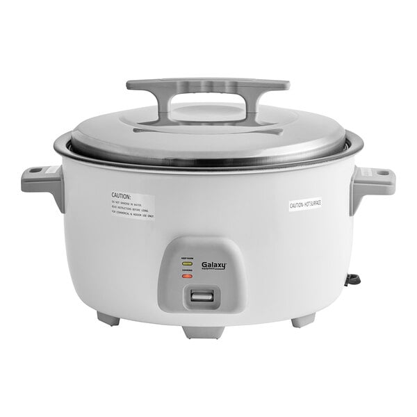 A white Galaxy 60 cup electric rice cooker with a lid.