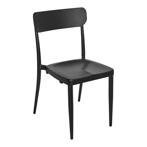 A black aluminum chair with a black plastic seat and back.