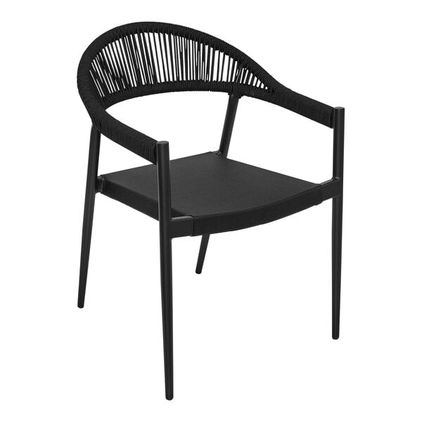 A black BFM outdoor stacking arm chair with black woven seat and back.