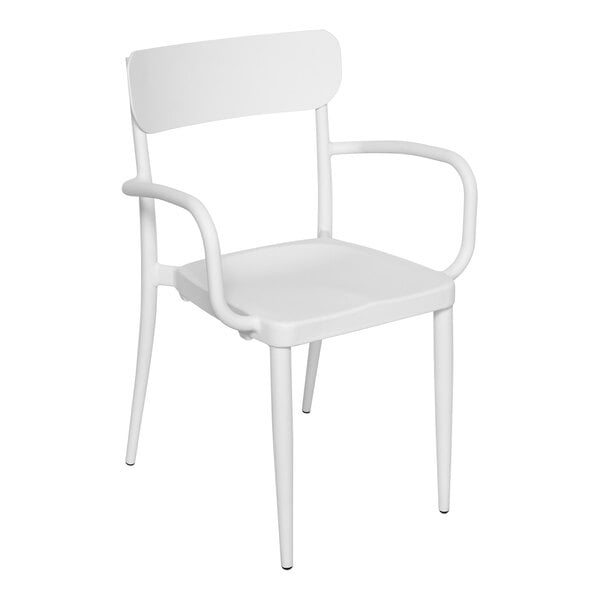 A white aluminum outdoor arm chair with a seat and arms.