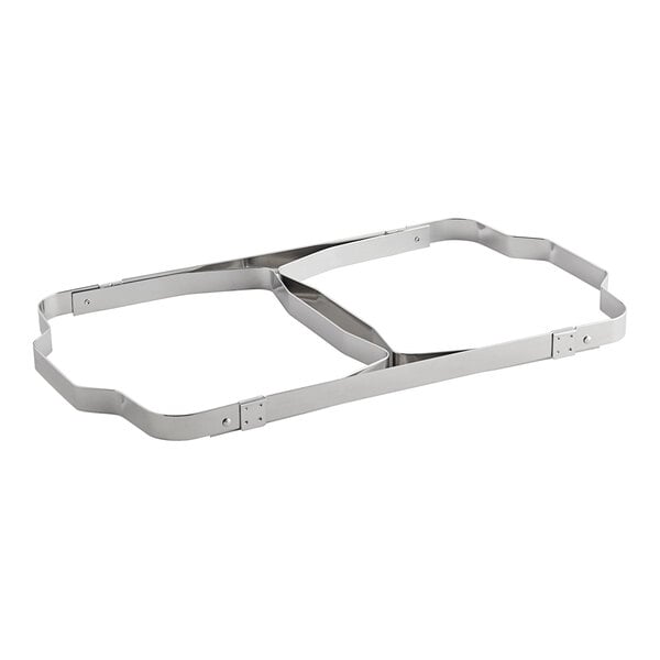 A stainless steel metal tray with a metal cross frame with two holes.
