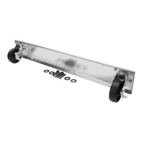 A metal Continental Refrigerator caster plate with black swivel wheels.