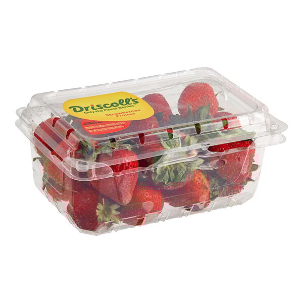 A plastic container of fresh strawberries.