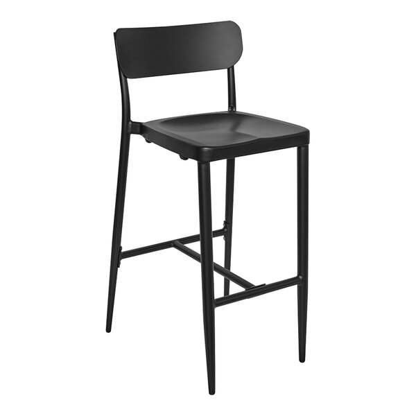 A black BFM Maui aluminum outdoor restaurant bar stool with backrest.