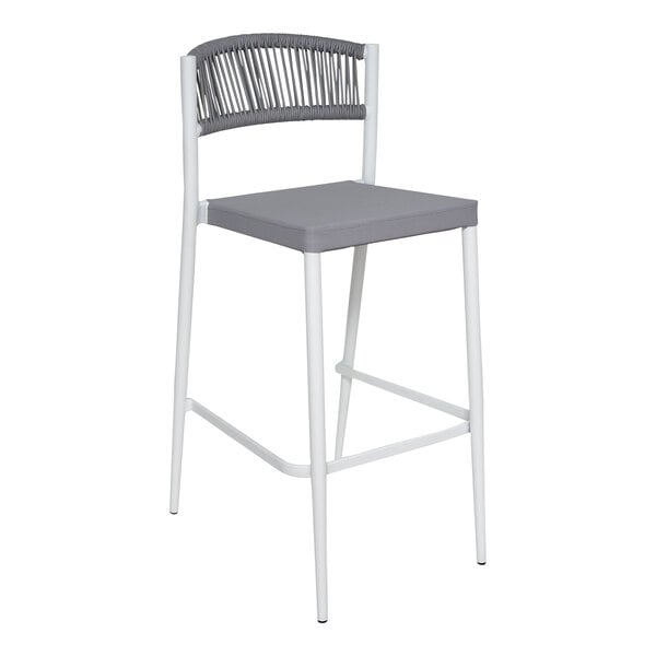 A BFM Tahiti white aluminum outdoor stacking barstool with a gray Phifertex sling seat and backrest.