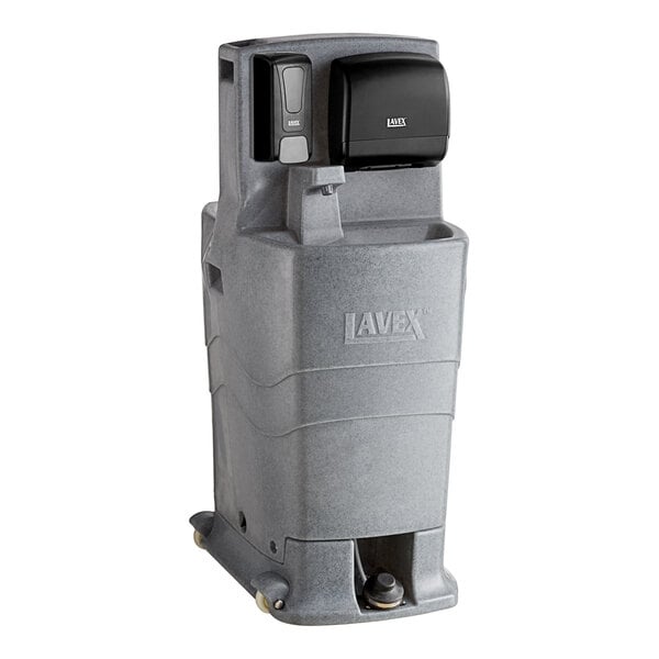 A grey plastic Lavex double mobile hand washing station with black buttons and a grey lid.