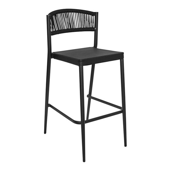 A BFM Tahiti black aluminum outdoor stacking barstool with a black Phifertex sling seat and backrest.