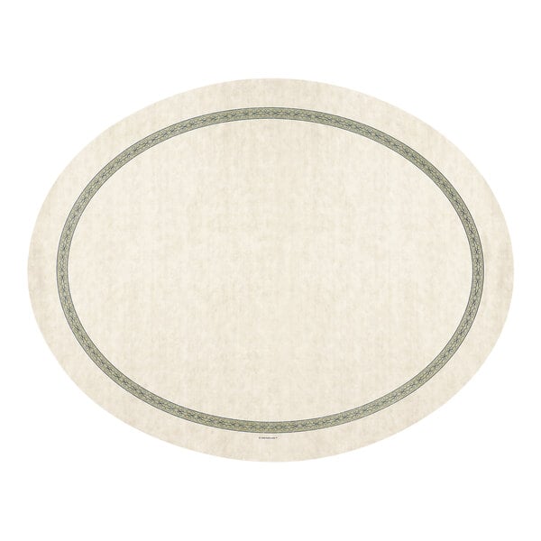 A white oval Hoffmaster paper traymat with a blue and green border.