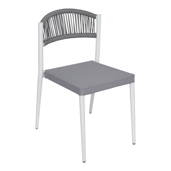 A white BFM Tahiti outdoor side chair with a gray sling seat and backrest.