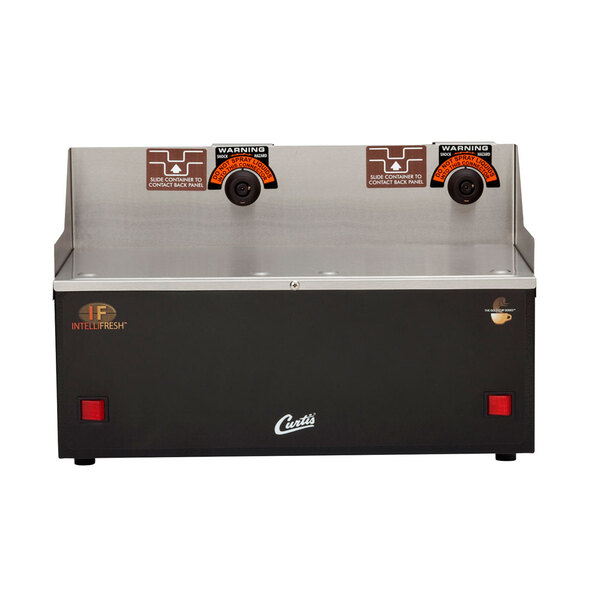 A Curtis twin coffee warmer stand with a lid on a counter.