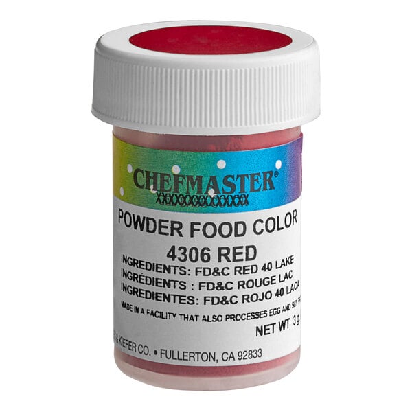 A container of Chefmaster red dry powder food color.
