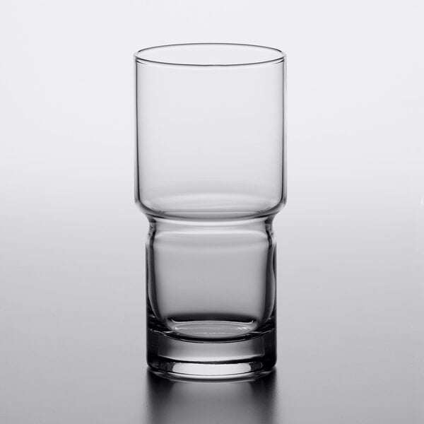 A Libbey Newton stackable beverage glass on a table.