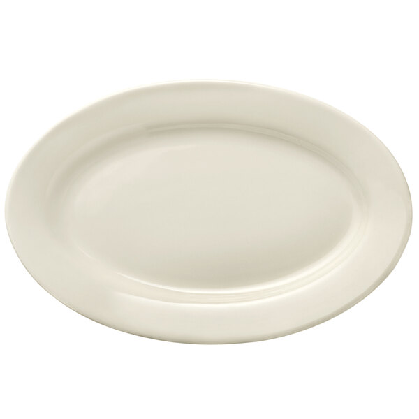 A white Libbey Porcelain oval platter with a wide rim.