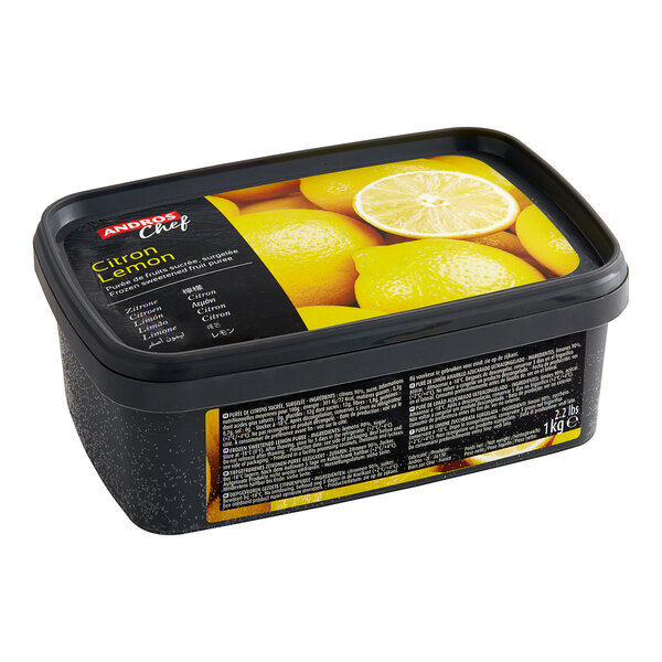 A black container of Andros Chef Sweetened Lemon Puree with yellow lemons on the label.