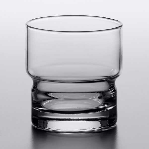 A Libbey Newton stackable rocks glass on a white surface.