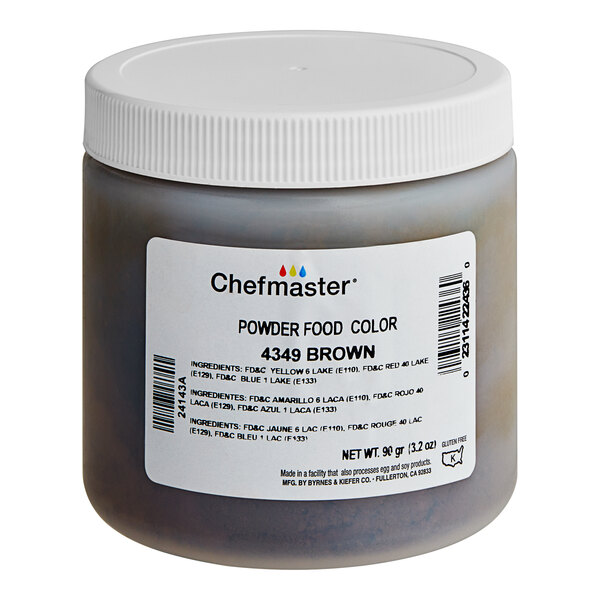 A container of Chefmaster brown dry powder food color.