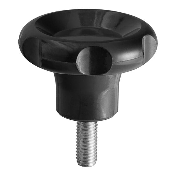 A black plastic knob with a bolt for a bread slicer.