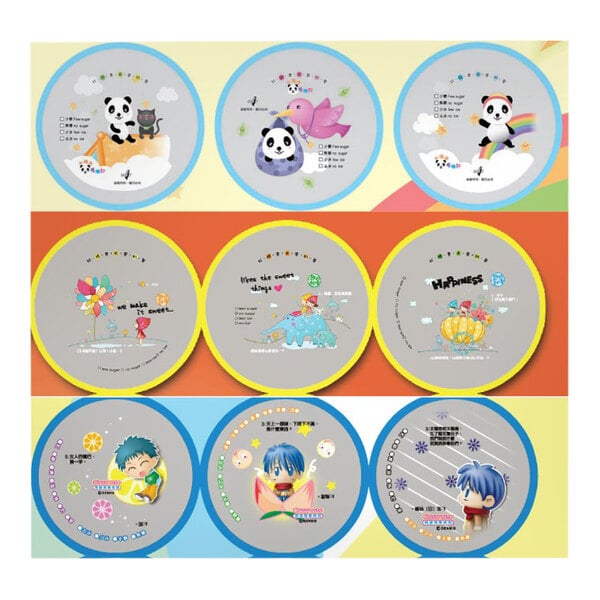 Bossen 450 m random print sealing film with circular cartoon characters.