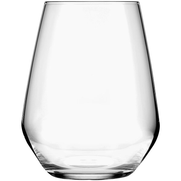 A clear Reserve by Libbey Prism stemless wine glass.