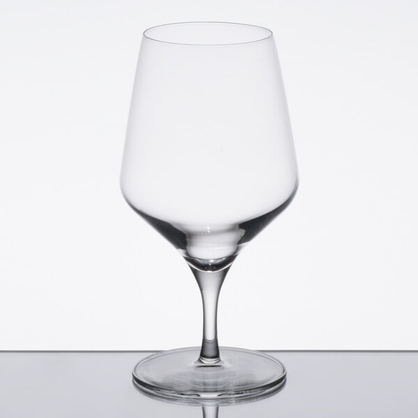 A close-up of a clear Reserve by Libbey Prism goblet.