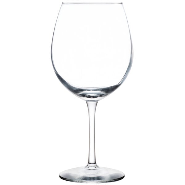 A close-up of a clear Libbey Vina Balloon Wine Glass with a stem.