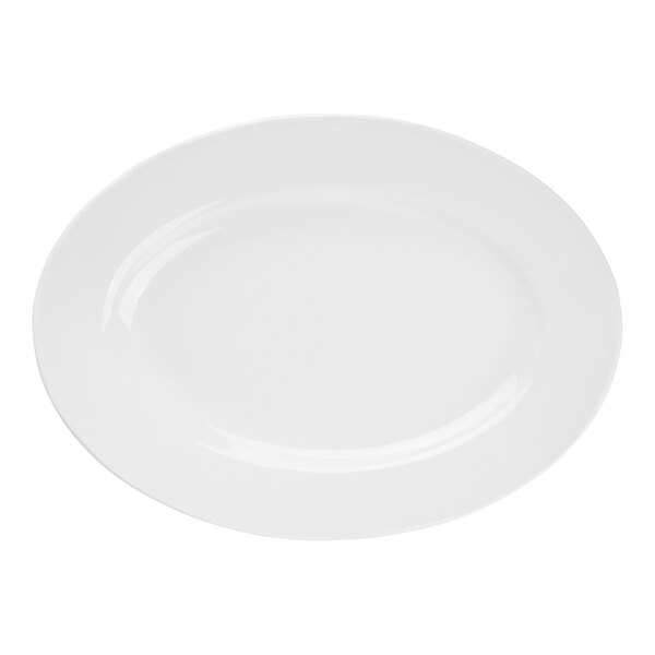 A bright white oval wide rim porcelain platter.