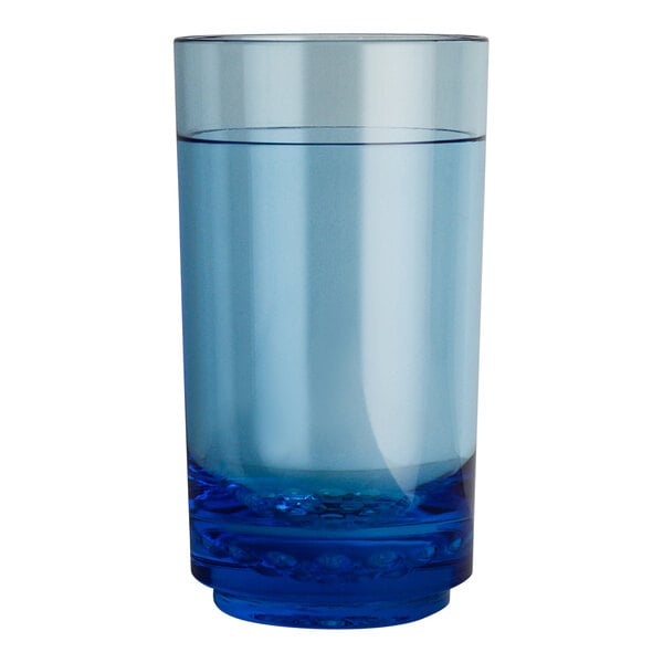 A close-up of a blue Aspen Diamond polycrystal beverage glass.