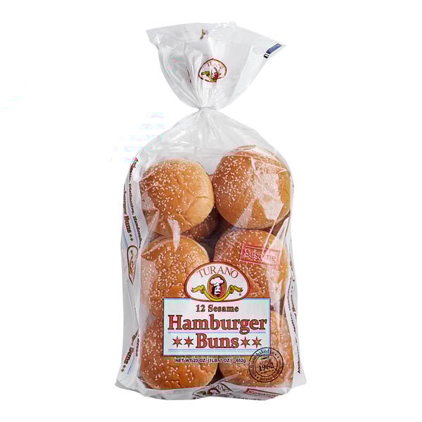 A bag of Turano sesame hamburger buns.