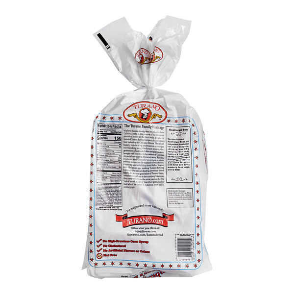 A white bag of Turano Sesame Hamburger Buns with red and blue text.