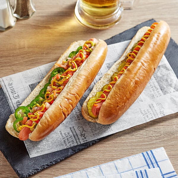 Two Turano hot dogs in buns with mustard and pickles on a table.