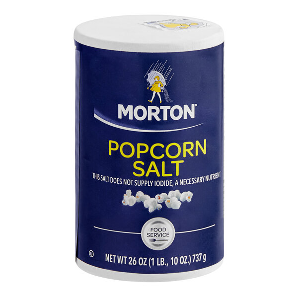 A blue and white Morton container of popcorn salt.