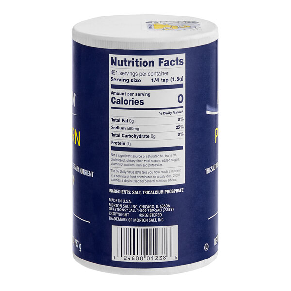 A blue and white Morton Popcorn Salt container with white text and a blue label.