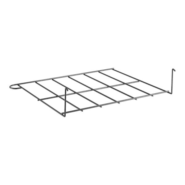A black metal Lancaster Table & Seating book rack with wire shelves.