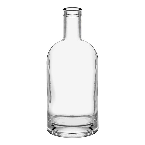 An Acopa clear glass bottle with a black lid and a neck.