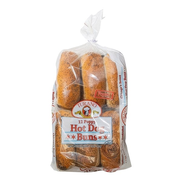 A package of Turano poppy seed hot dog buns in plastic bag with black specks.