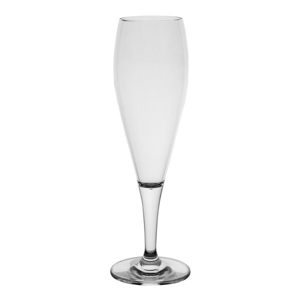 A clear polycrystal flute glass with a small base and white rim.