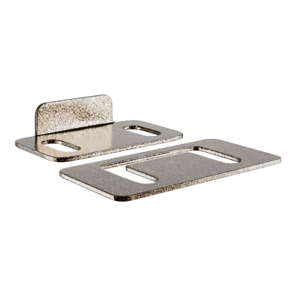 Two metal plates with a silver finish used for Lancaster Table & Seating church chairs.