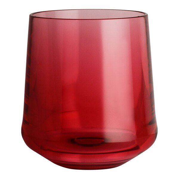 A close up of a red polycrystal stemless wine glass.