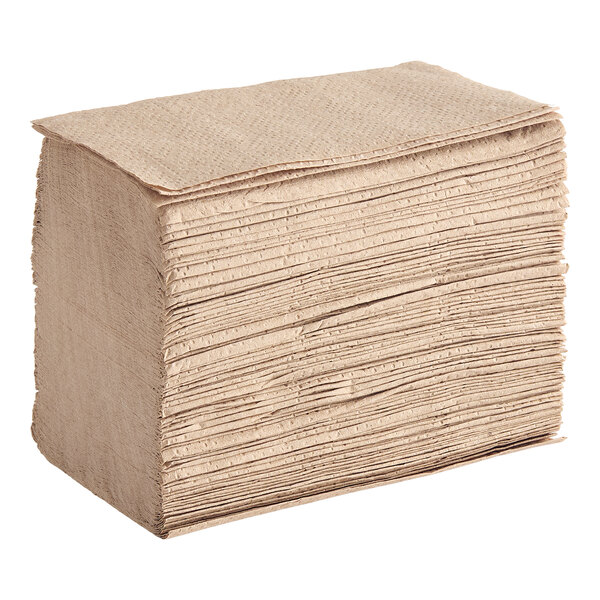 A stack of brown, interfolded paper napkins.