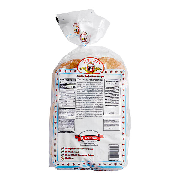 A bag of Turano hamburger buns in white plastic with a label.