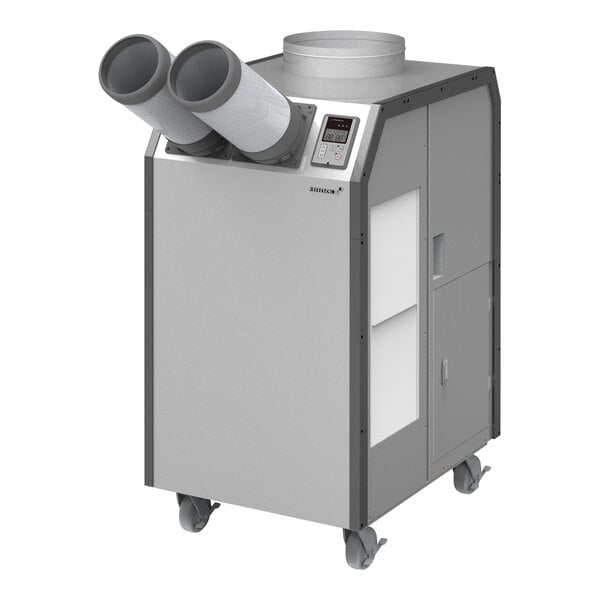 A large grey and white Airrex portable air conditioner with two cylinder tubes on top.