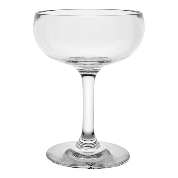 A clear wine glass with a stem.